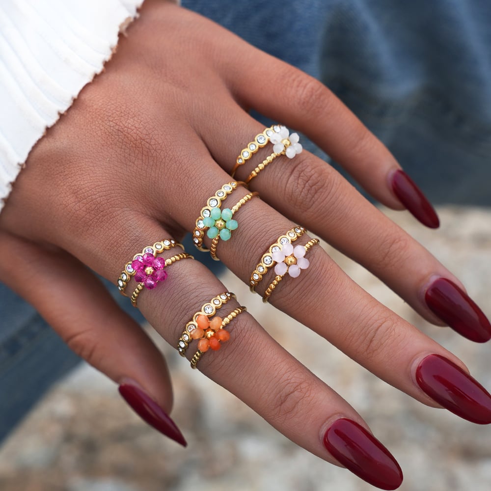 1 Piece Casual Flower Woven Stainless Steel  Gold Color  Beaded Rings h5Picture8