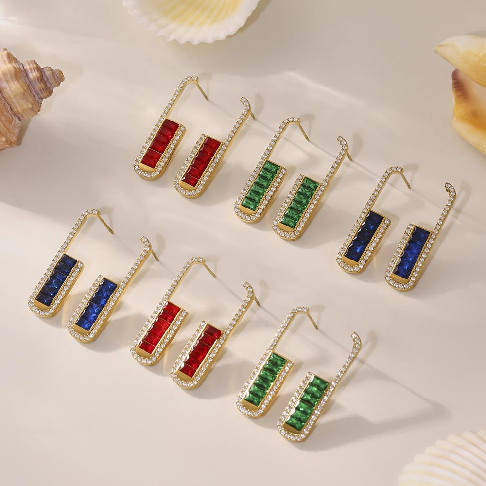 1 par de lujosos pendientes de botón de acero inoxidable en forma de U con circonitas de colores para mujer Imagen5