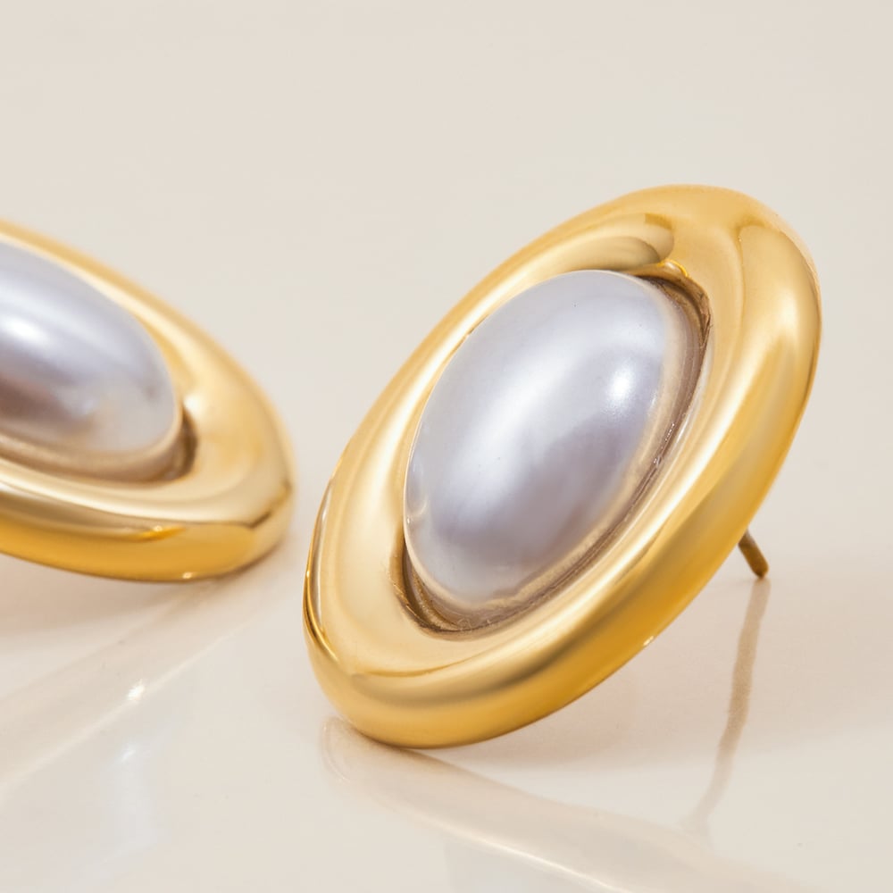 1 Pair Classic Oval Stainless Steel Gold Color Women's Stud Earrings h5Picture9