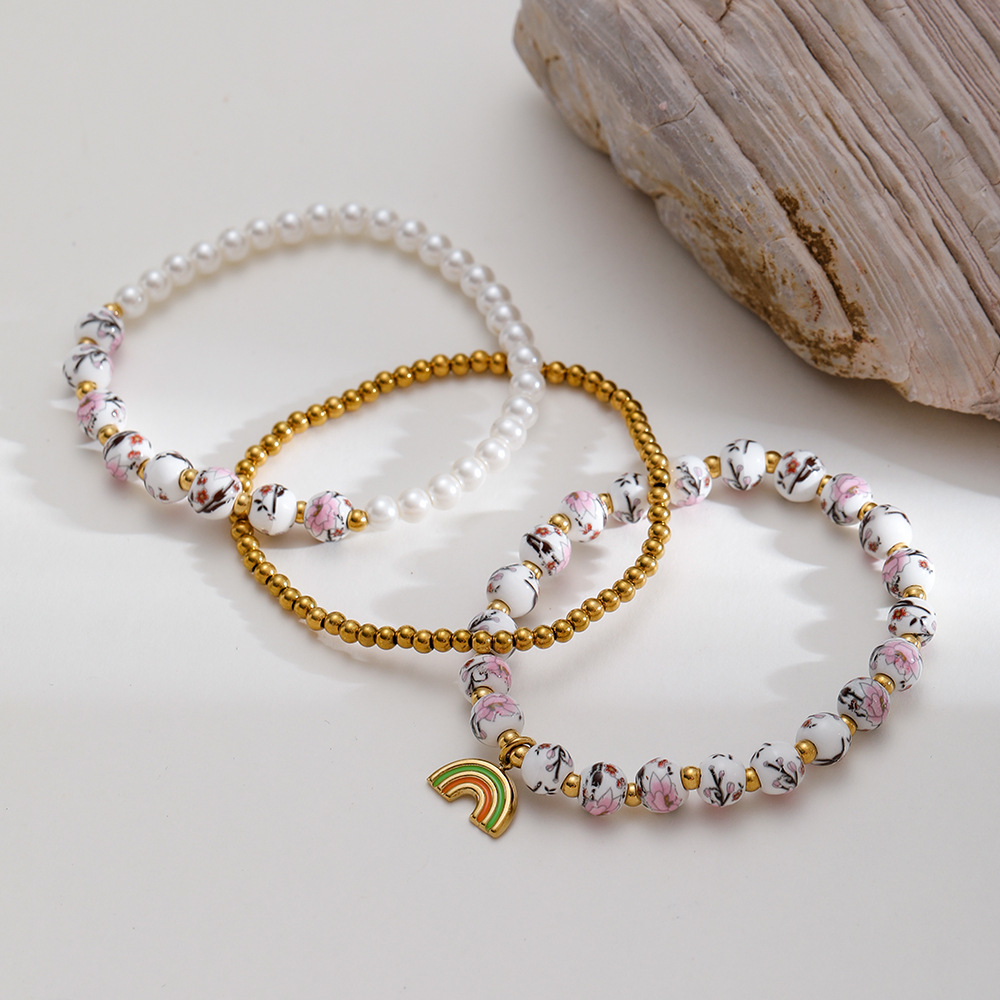 1 Piece Luxurious  Elegant Flower Ceramics  Gold Color  Women's Beaded Bracelets Picture4