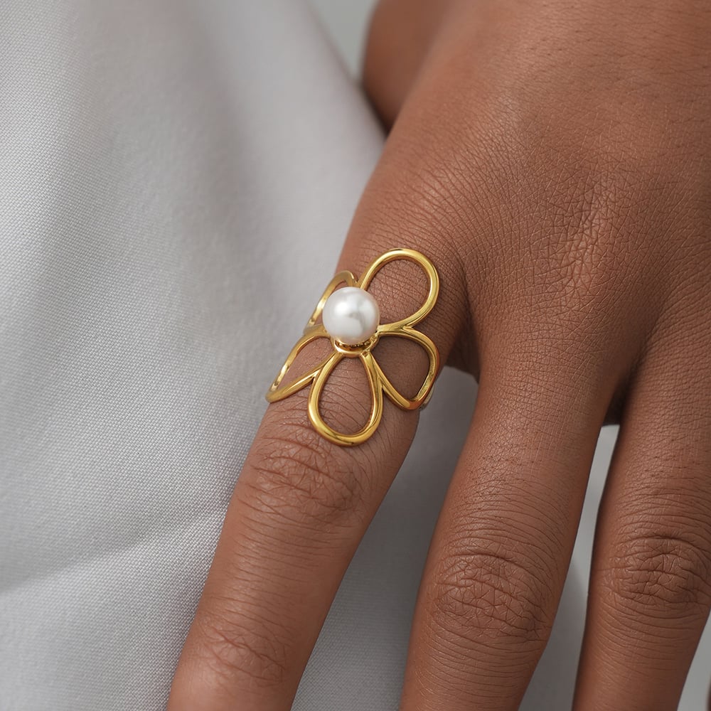 Anillos llamativos de acero inoxidable en color dorado con diseño de flor simple y elegante de 1 pieza h5Imagen5