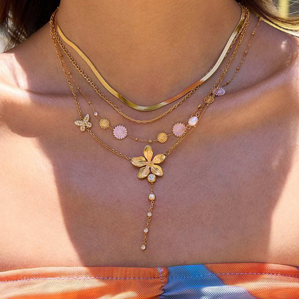 1 Piece Exquisite Flower Tassels Stainless Steel Gold Color Women's Pendant Necklaces h5Picture3