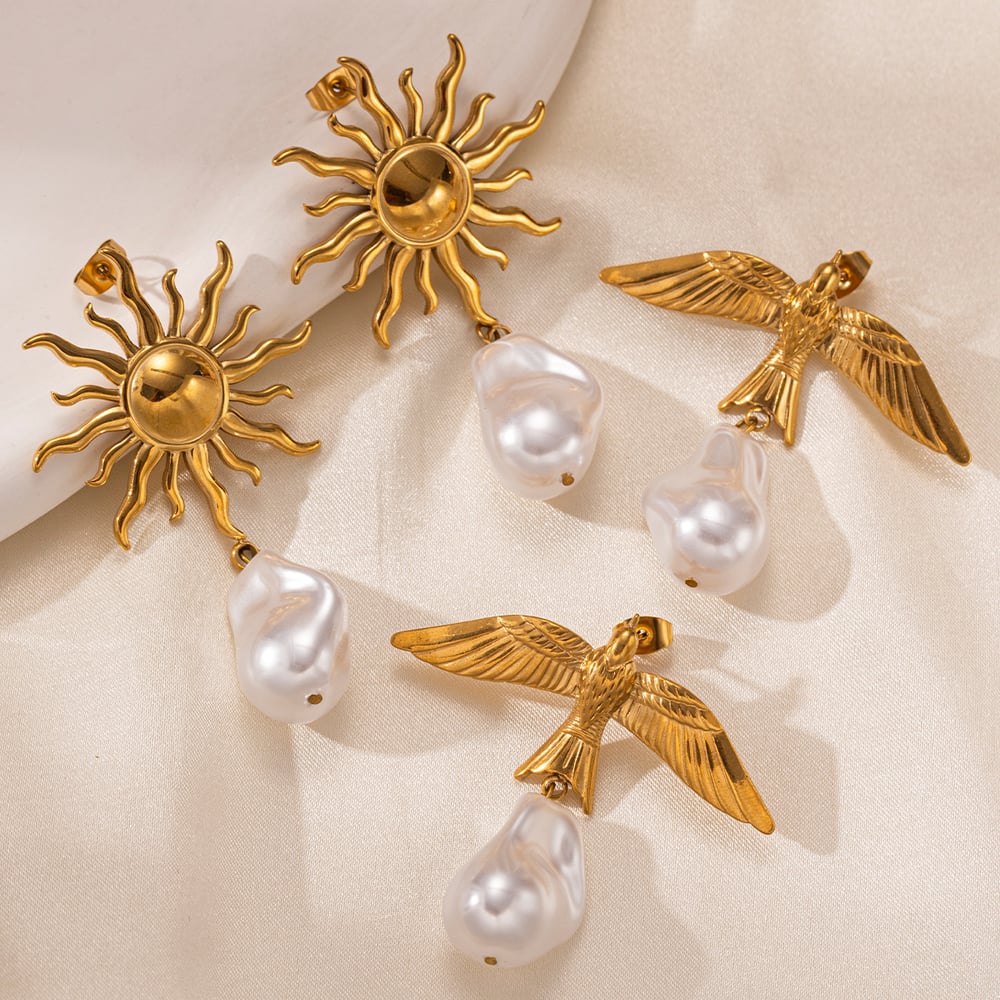 1 Pair Sun Stainless Steel Gold Color Drop Earrings h5Picture3