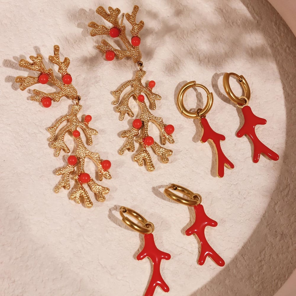 1 Pair Luxurious Series Coral Stainless Steel Gold Color Women's Drop Earrings h5Picture2