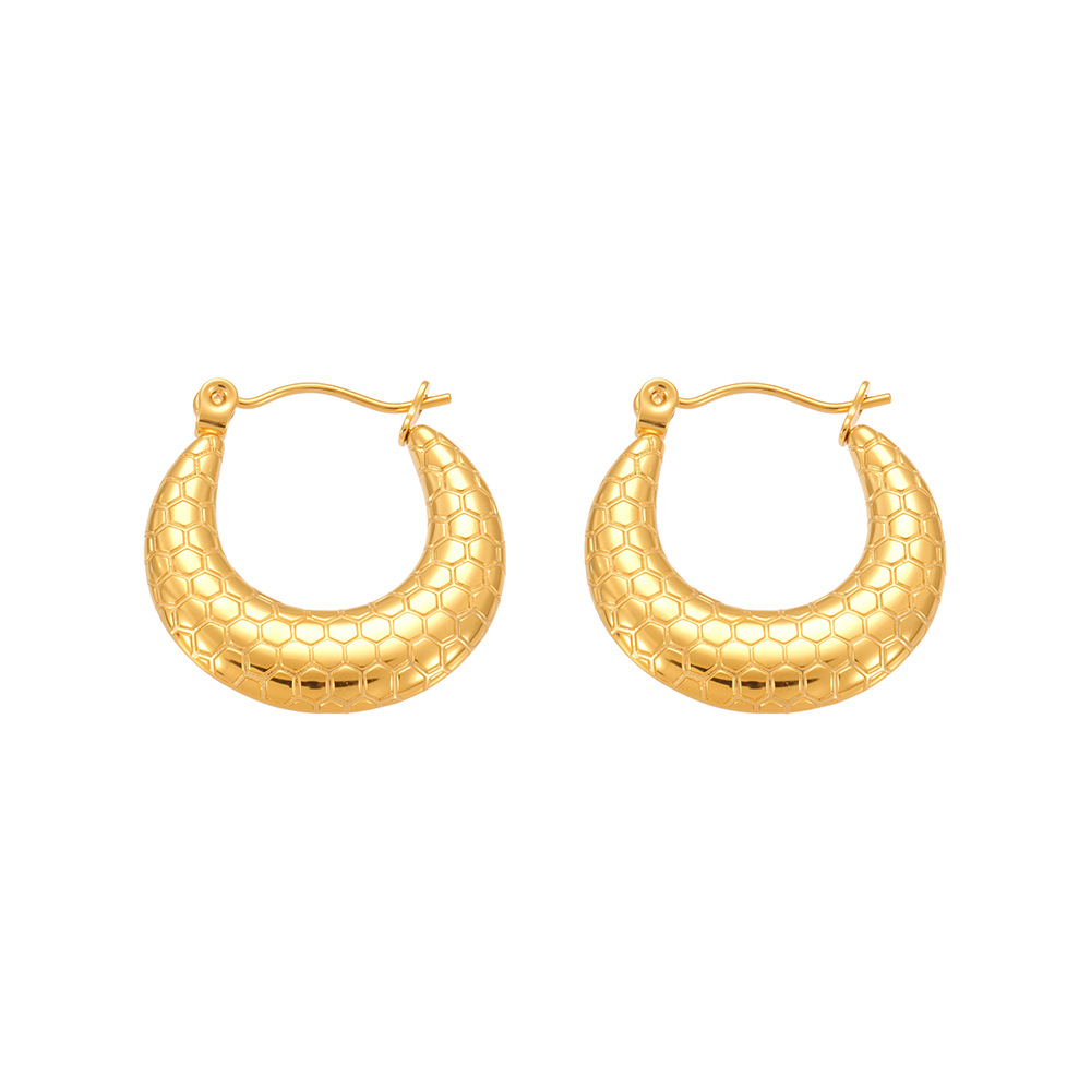 1 Pair Simple Honeycomb Print Stainless Steel Gold Color Women's Hoop Earrings