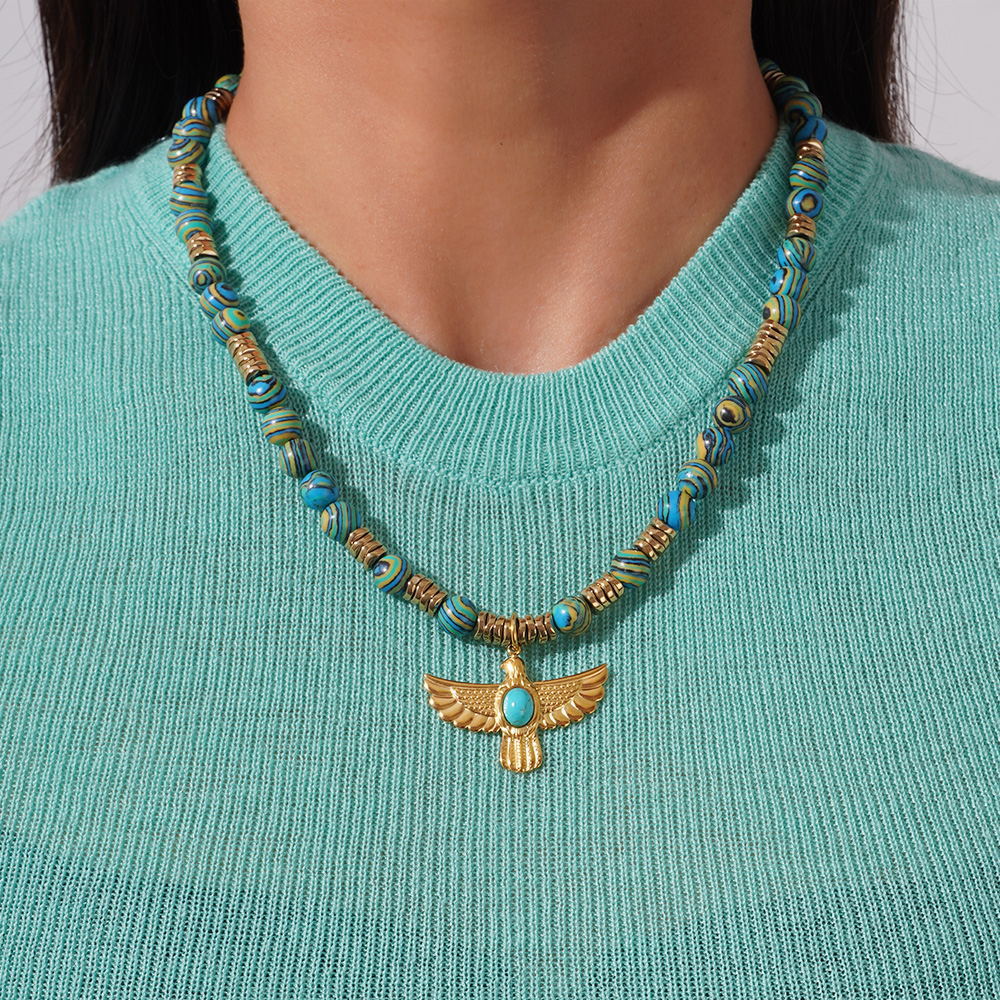 1 Piece Classic Eagle Natural Stones Gold Color Women's Beaded Necklaces h5Picture3