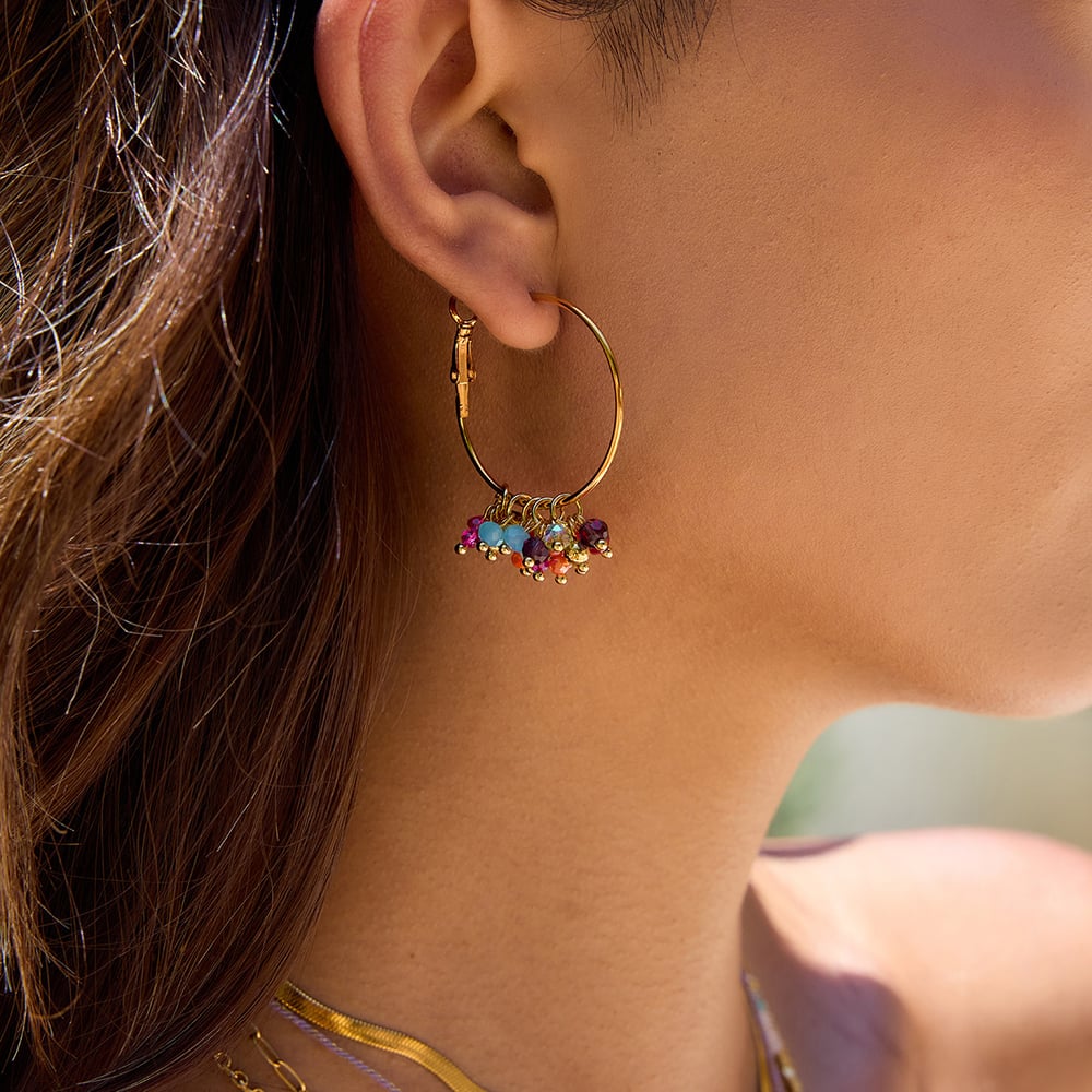 1 Pair Luxurious Series Polychrome Beads Stainless Steel Gold Color Women's Hoop Earrings h5Picture5