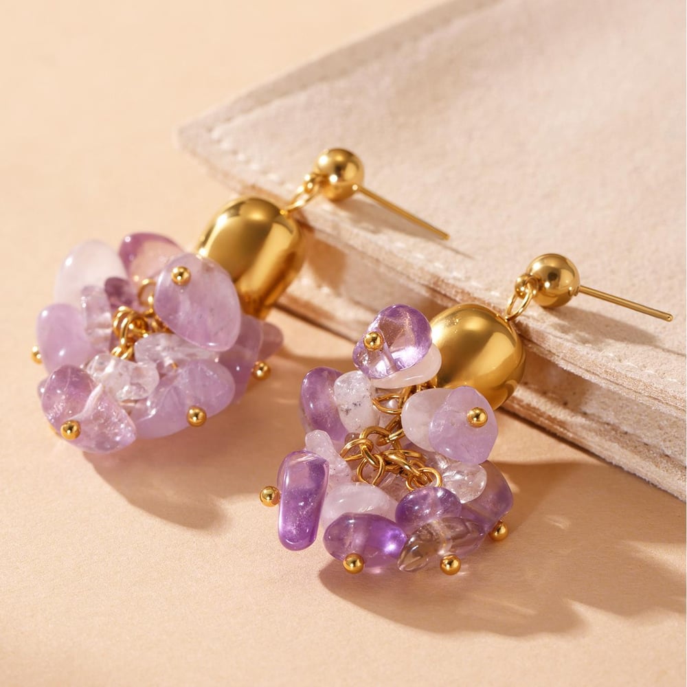 1 Pair Natural Stone Tassel Stainless Steel Gold Color Women's Drop Earrings h5Picture7