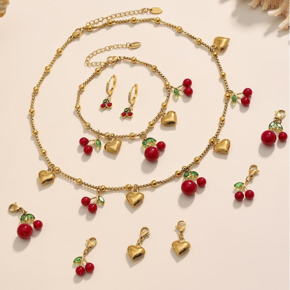 Conjunto de joyería para mujer de acero inoxidable color dorado y cereza vívida de 1 pieza h5Imagen8