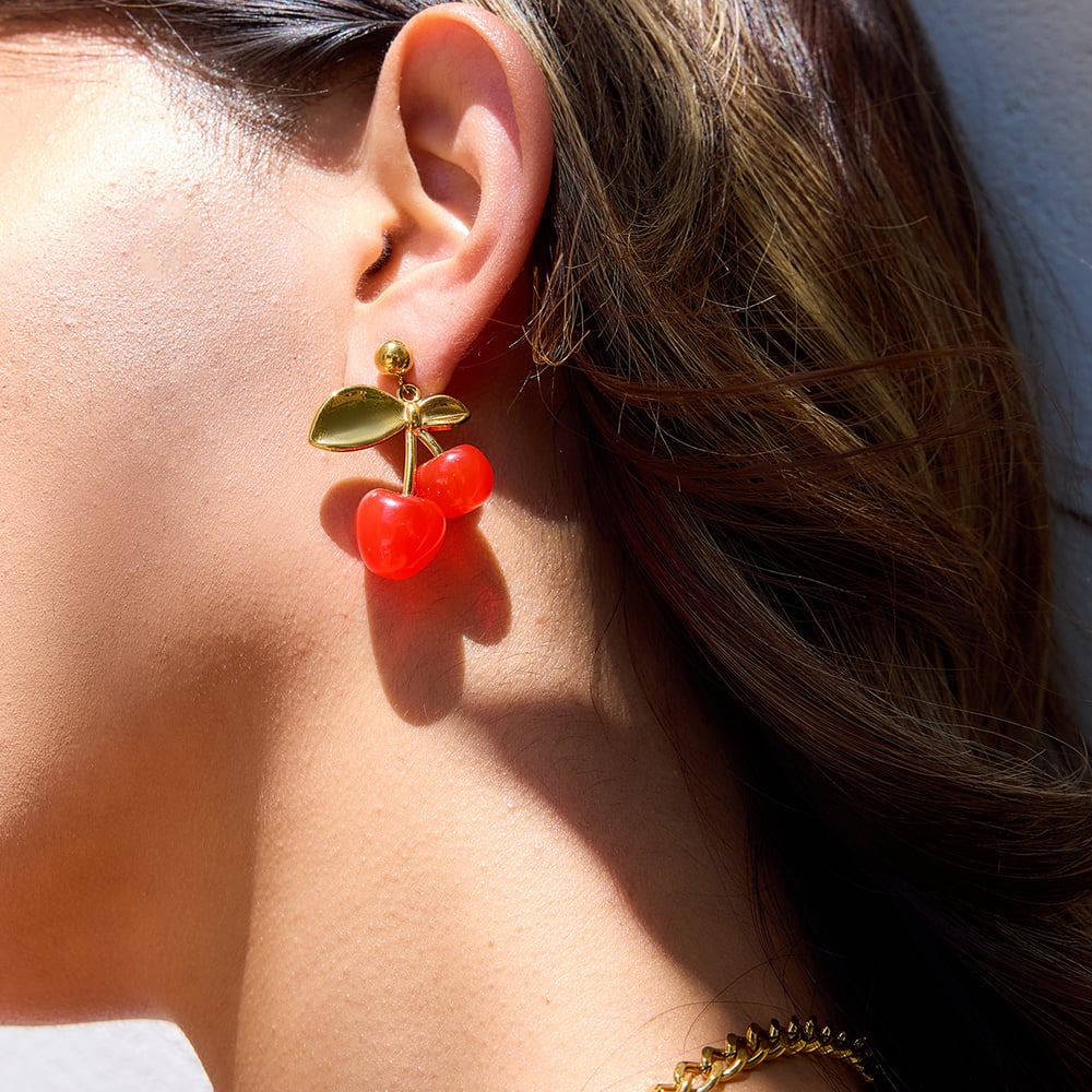 1 Pair Vivid Cherry Stainless Steel Gold Color Women's Drop Earrings h5Picture3