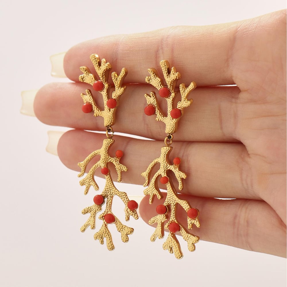 1 Pair Luxurious Series Coral Stainless Steel Gold Color Women's Drop Earrings h5Picture5