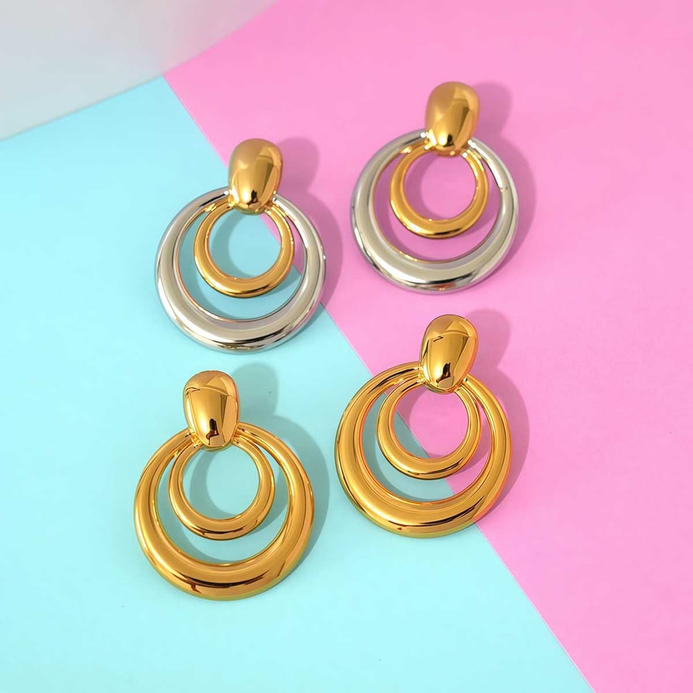 1 par de pendientes de botón de acero inoxidable de color dorado con forma de círculo simple para mujer h5Imagen6