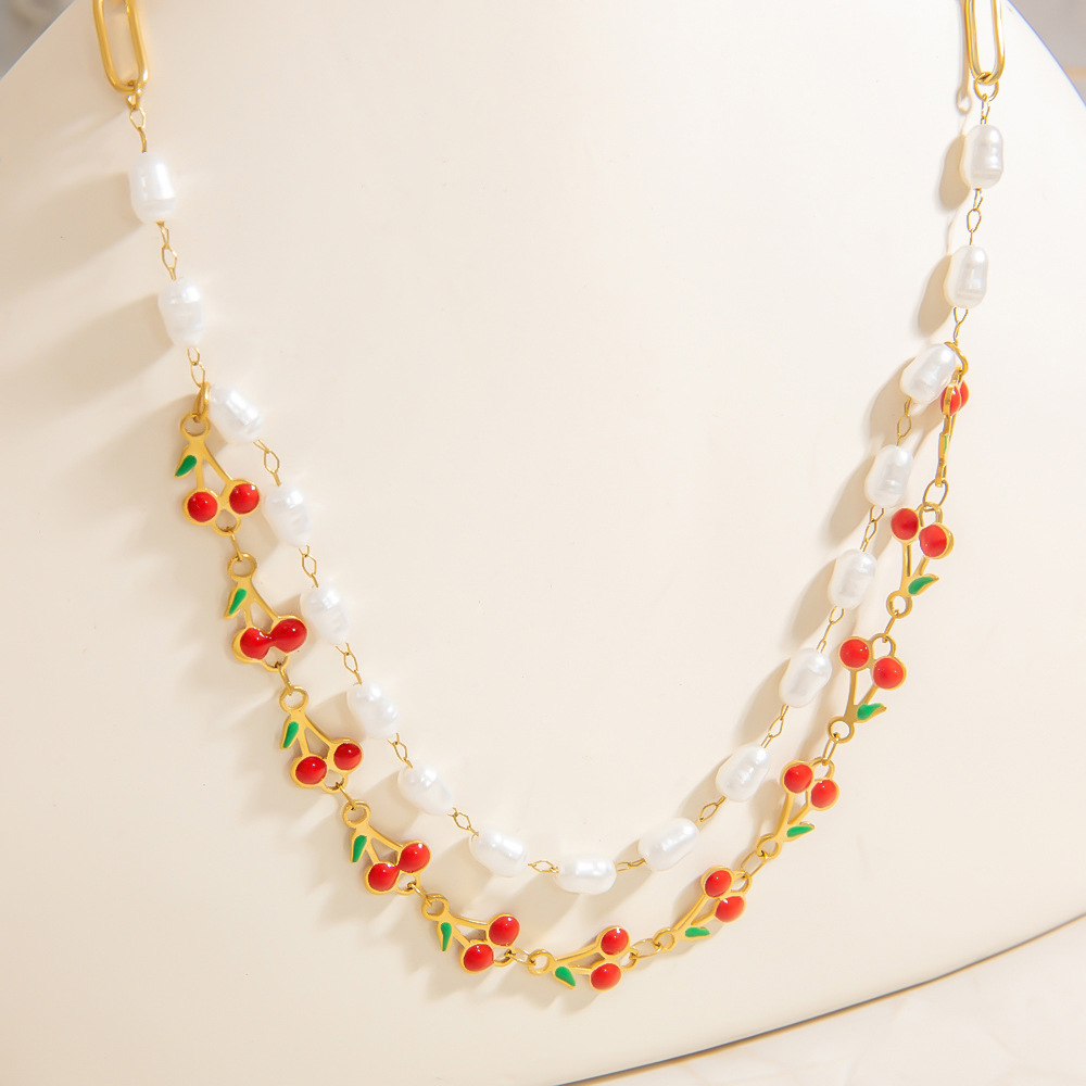 1 Stück einfache mehrreihige Halsketten aus natürlichem Kirsch-Edelstahl für Damen Bild3