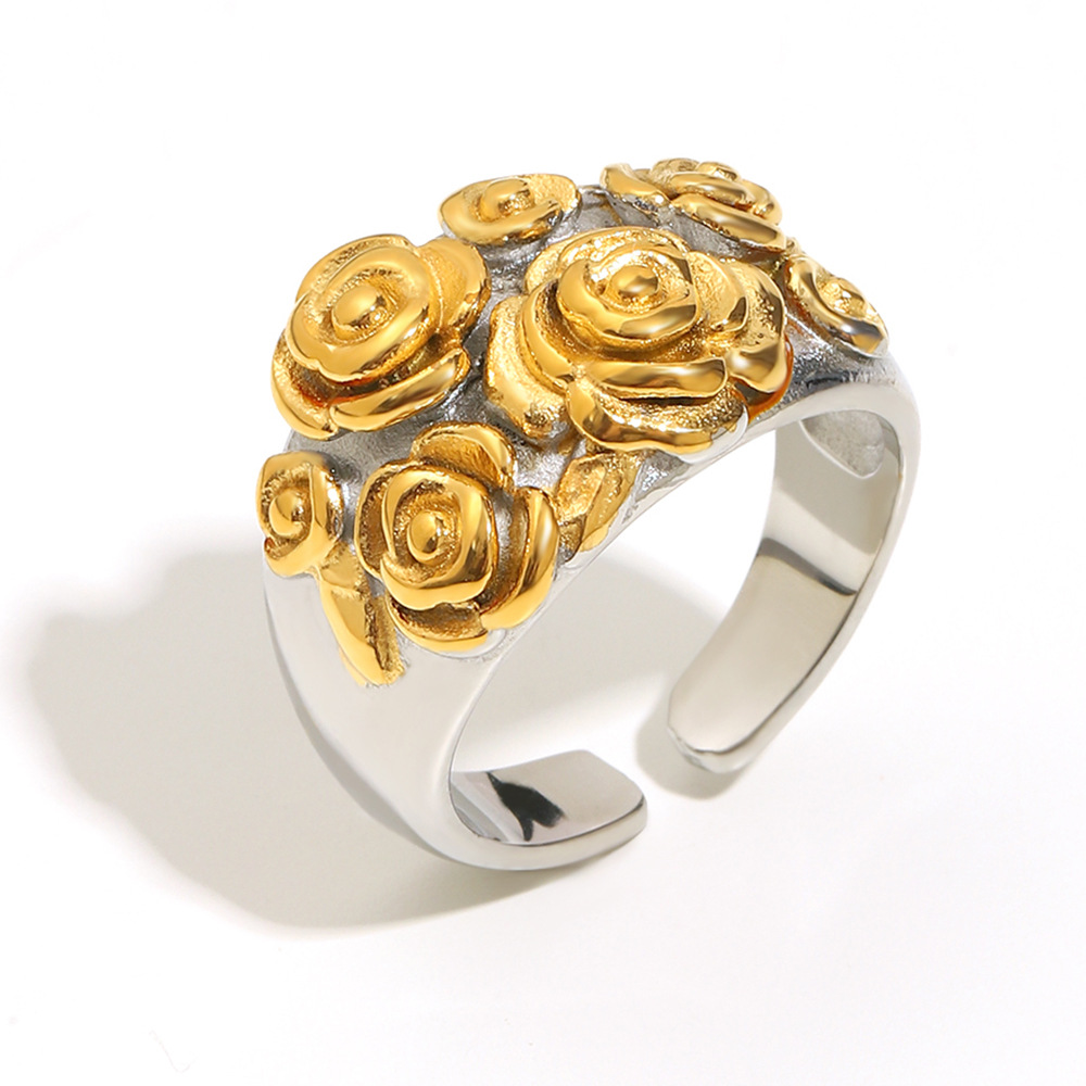 1 Piece Romantic Flower Stainless Steel Gold Color Statement Rings