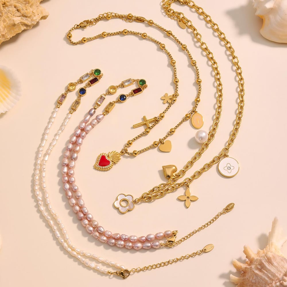 1 pieza elegante collar con colgante de perlas de circonita y flores de acero inoxidable para mujer Imagen6