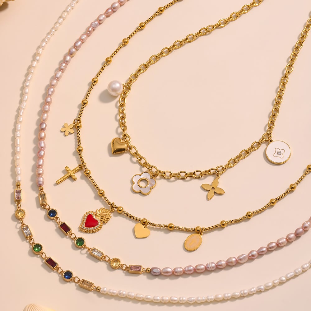 1 pieza elegante collar con colgante de perlas de circonita y flores de acero inoxidable para mujer Imagen2