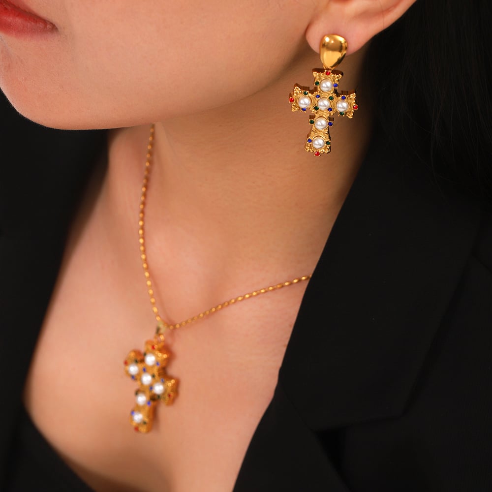 Tägliches Kreuz Edelstahl Gold Farbe Zirkon Damen Anhänger Halsketten Bild3