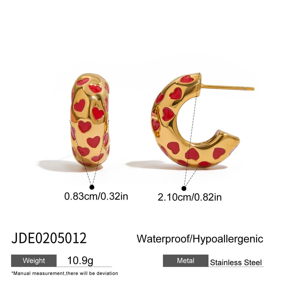 1 Pair Sweet Red Heart Stainless Steel Gold Color Women's Hoop Earrings h5Picture2