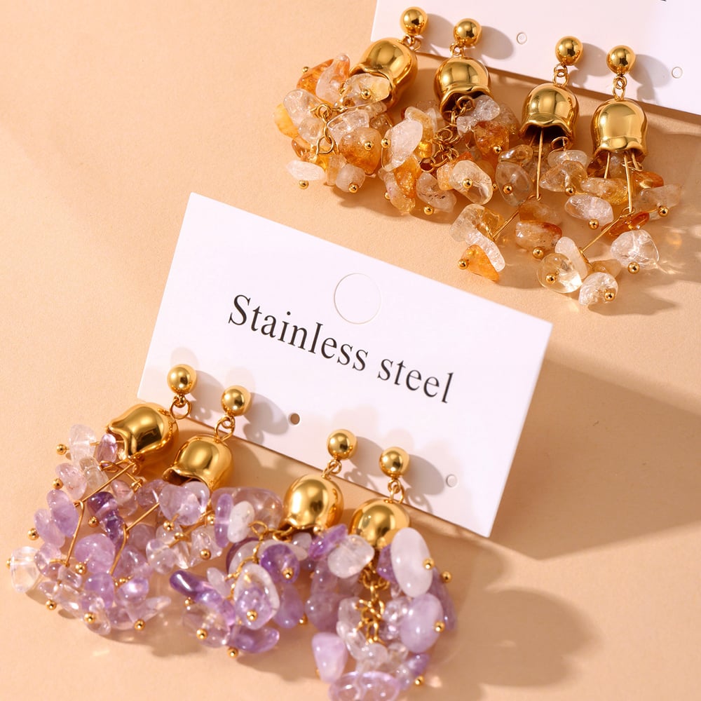 1 Pair Natural Stone Tassel Stainless Steel Gold Color Women's Drop Earrings h5Picture8