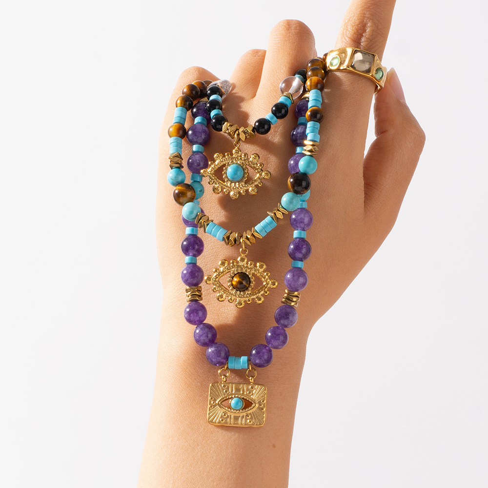 1 Piece Bohemian Devil's Eye Natural Stones Gold Color Women's Beaded Necklaces h5Picture8