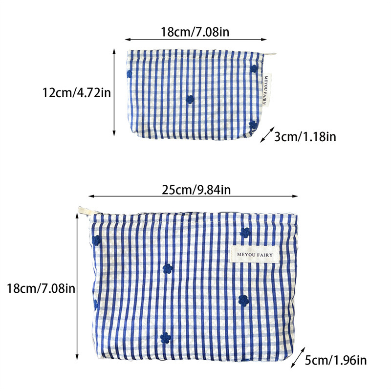1 Piece Checkered Blue - toned Embroidered Small Flower Women's Makeup Bag Picture5