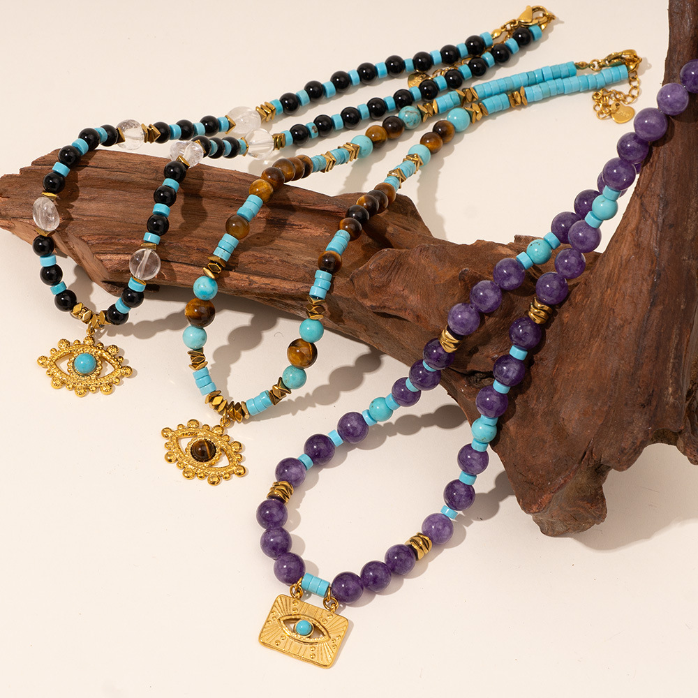 1 Piece Bohemian Devil's Eye Natural Stones Gold Color Women's Beaded Necklaces h5Picture3