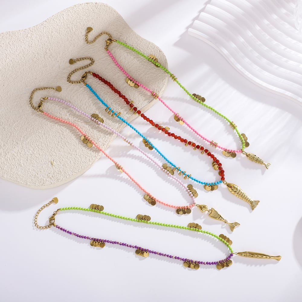 1 Piece Vivid Fish Stainless Steel Gold Color Women's Beaded Necklaces h5Picture3