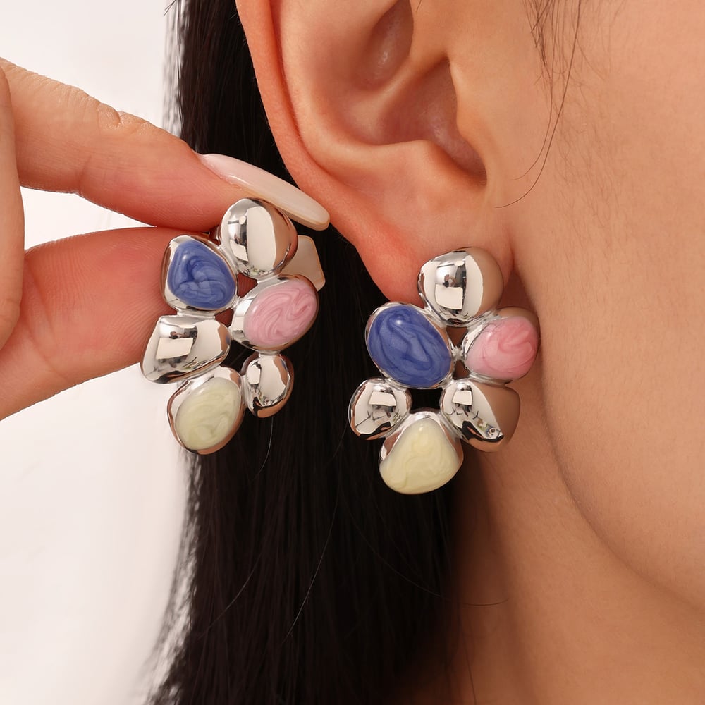 1 Pair Polychrome Flower Stainless SteelGold Color Women's Stud Earrings h5Picture5