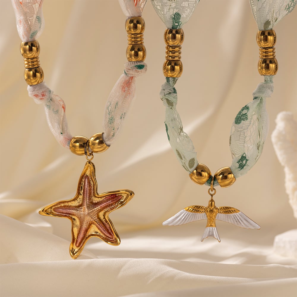 1 Parça Romantik Paslanmaz Çelik Altın Rengi Kumaş Kolye h5Resim4