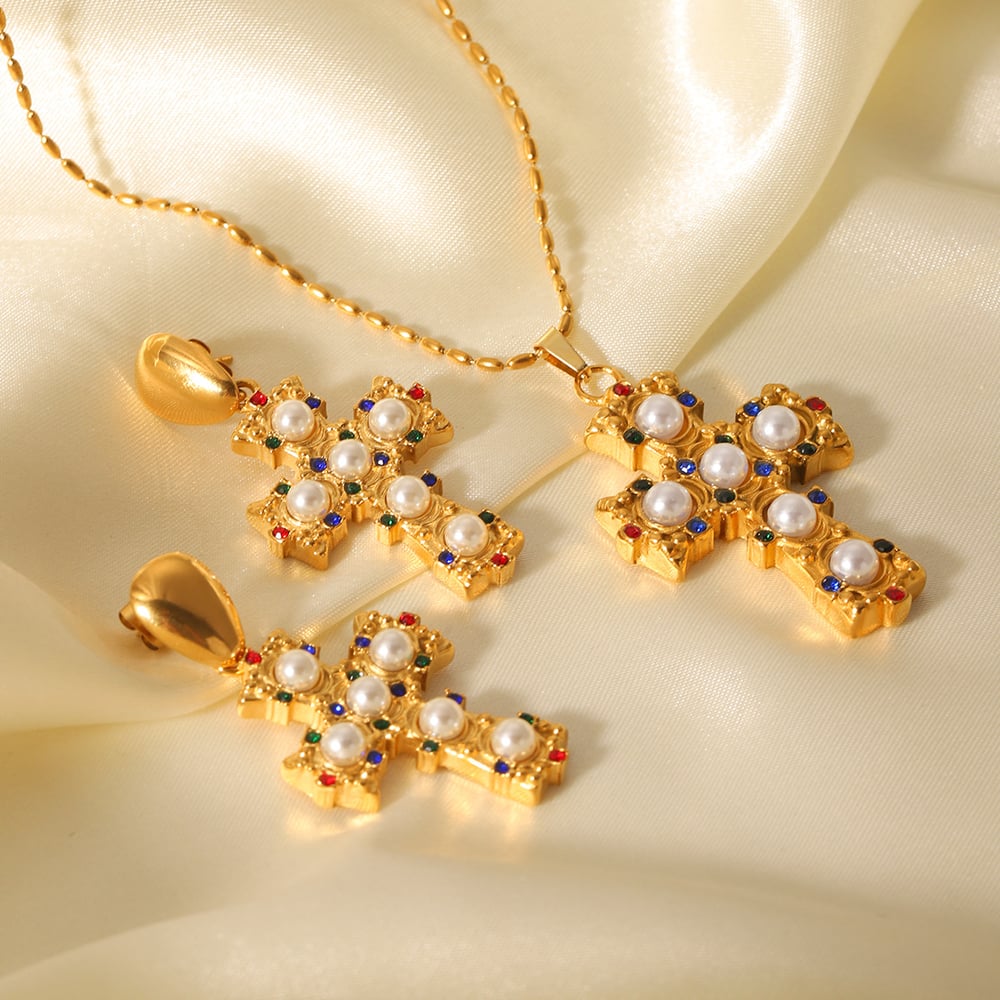 Tägliches Kreuz Edelstahl Gold Farbe Zirkon Damen Anhänger Halsketten Bild6