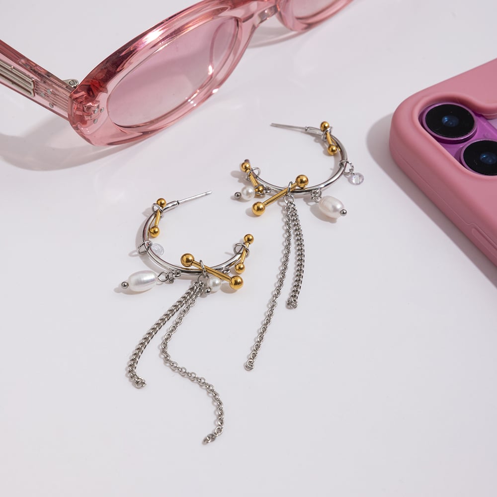 1 paire de boucles d'oreilles pendantes luxueuses à pampilles en acier inoxydable couleur or et argent pour femme h5Image5