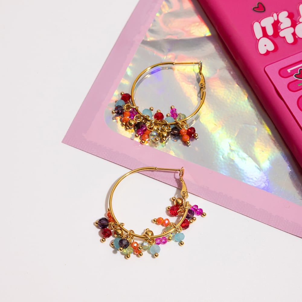 1 Pair Luxurious Series Polychrome Beads Stainless Steel Gold Color Women's Hoop Earrings h5Picture6