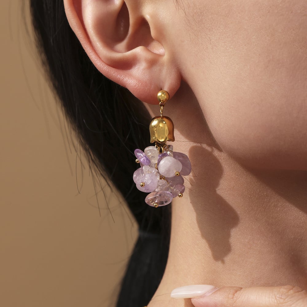 1 Pair Natural Stone Tassel Stainless Steel Gold Color Women's Drop Earrings h5Picture3