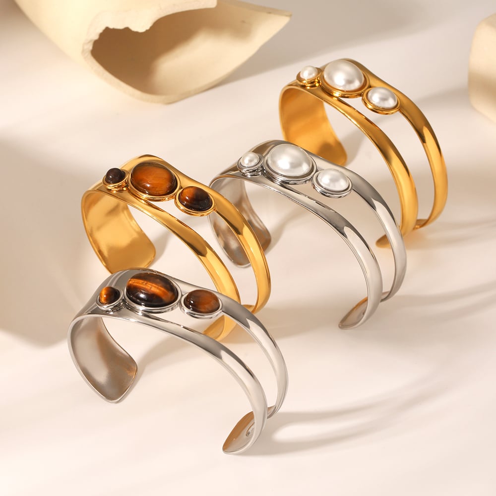 1 Paar Simple Series Tägliche Edelstahl Goldfarbene Perlen Damen Armreifen h5Bild5