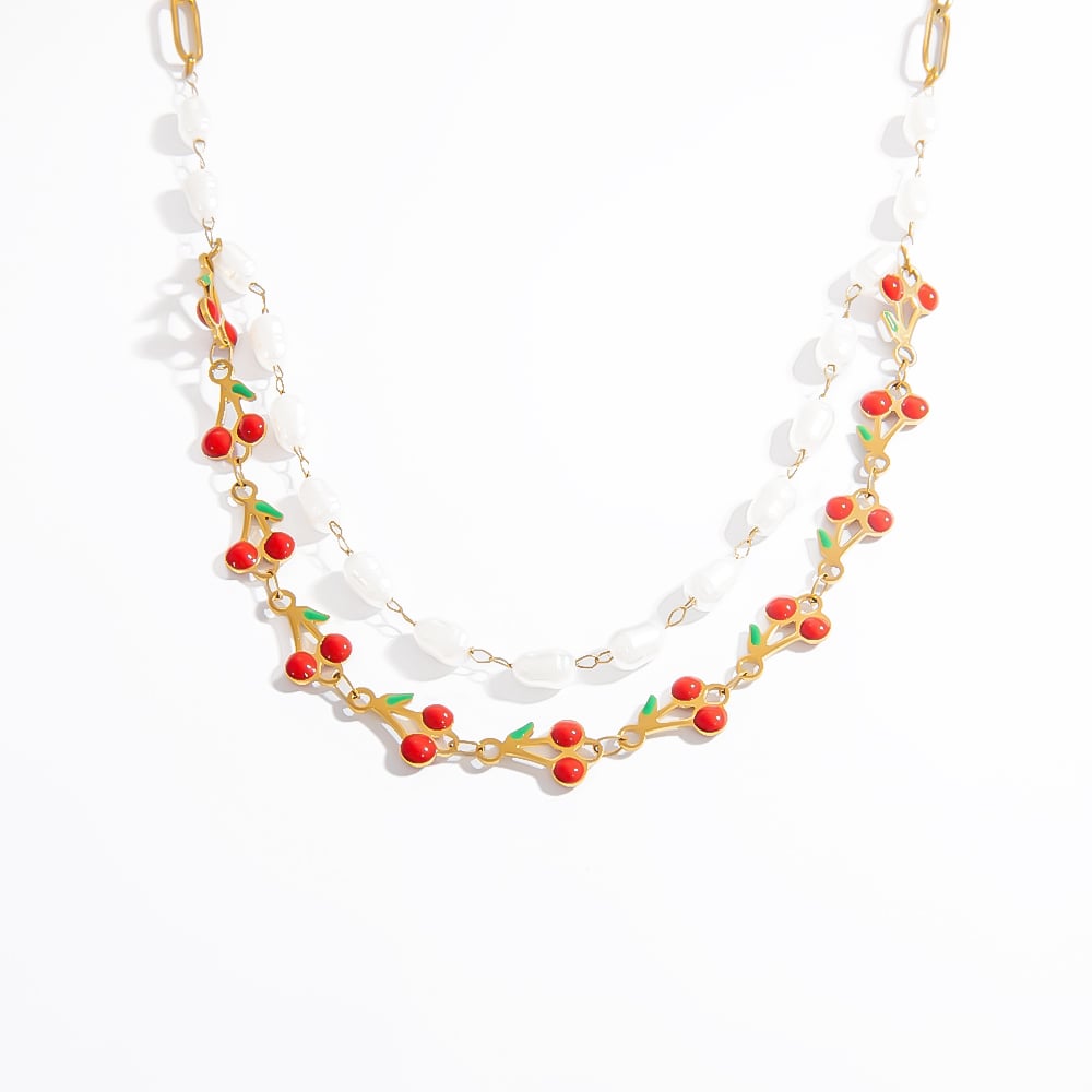 1 Stück einfache mehrreihige Halsketten aus natürlichem Kirsch-Edelstahl für Damen 