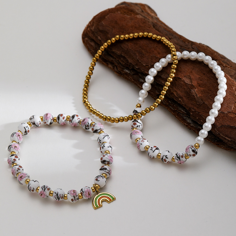 1 Piece Luxurious  Elegant Flower Ceramics  Gold Color  Women's Beaded Bracelets Picture2