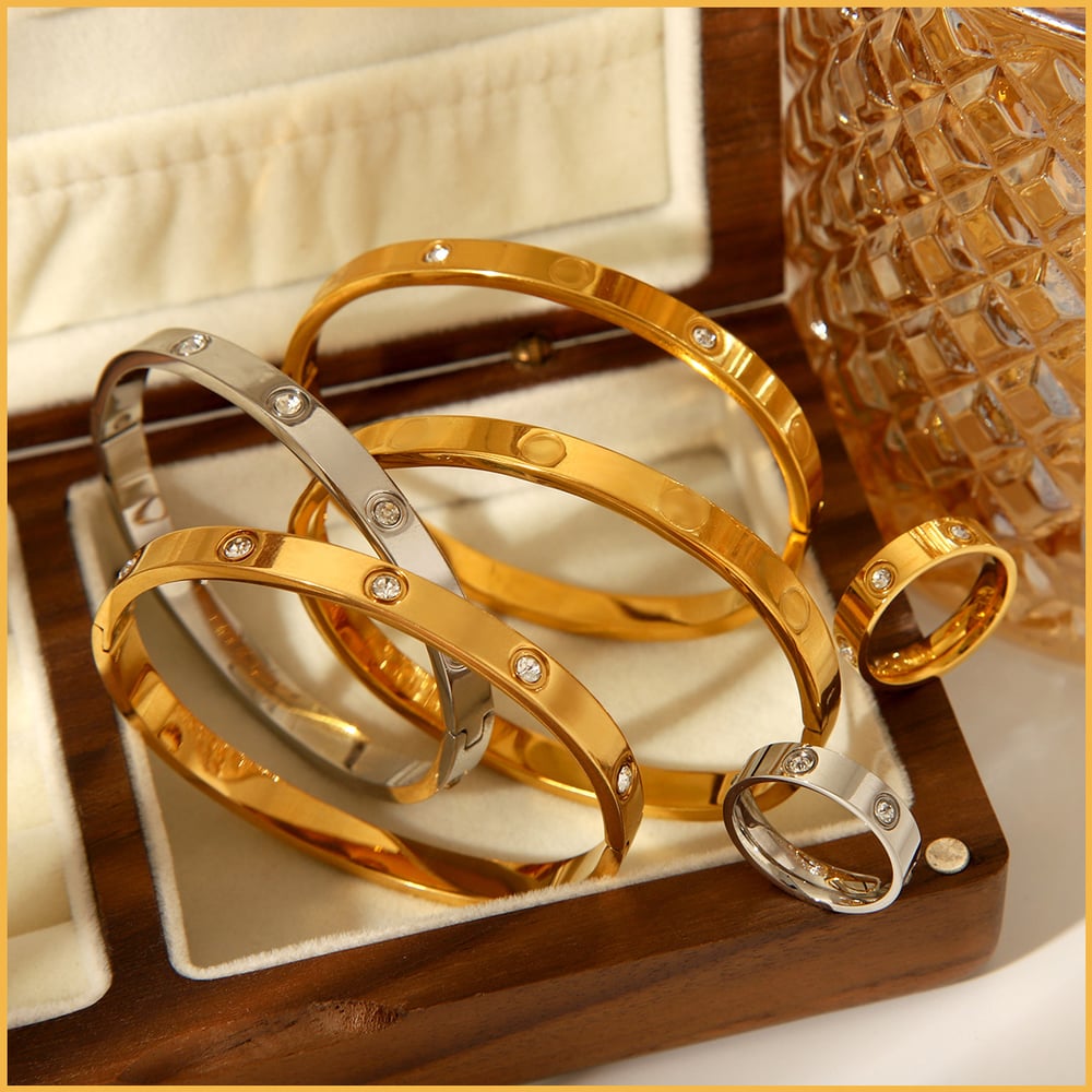 1 Paar einfache Serie täglich geometrische Edelstahl Gold Farbe Zirkon Damen Armreifen Bild3