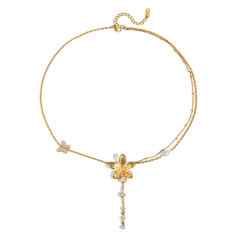 1 Piece Exquisite Flower Tassels Stainless Steel Gold Color Women's Pendant Necklaces