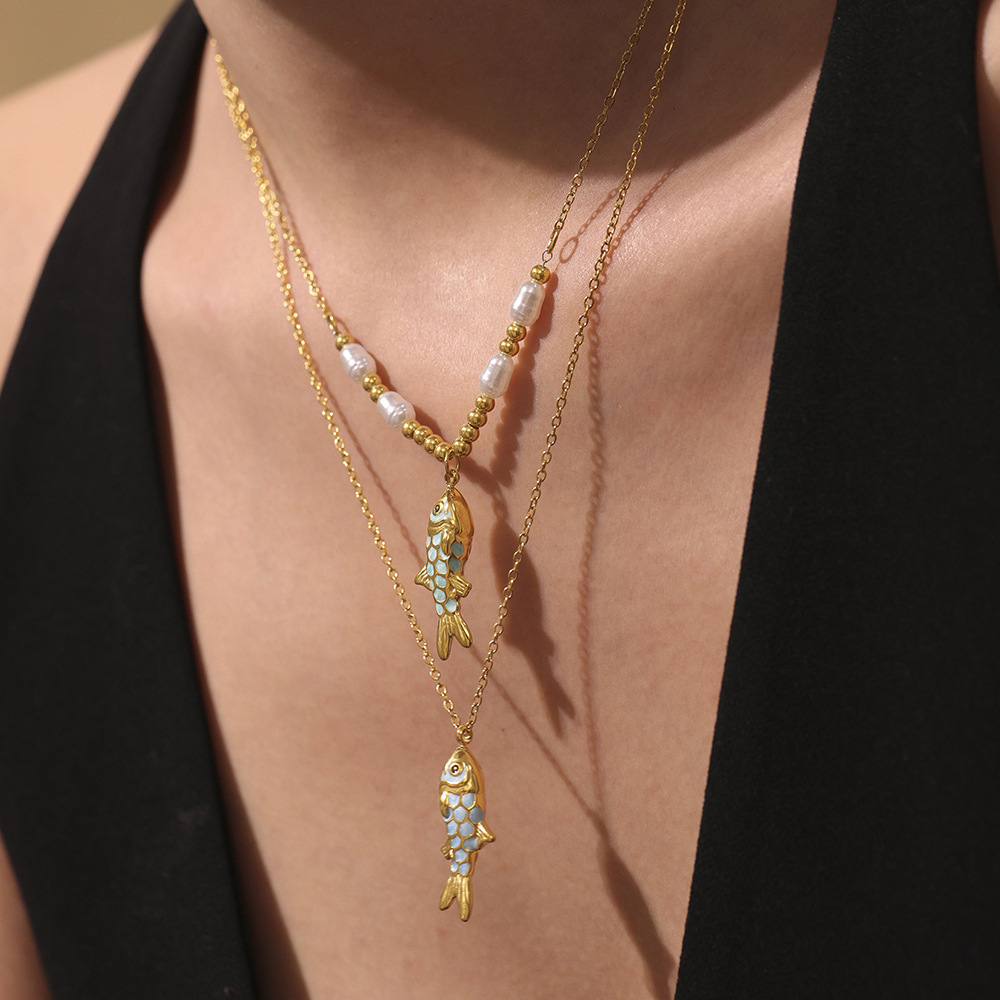1 Piece Colorful Fish Stainless Steel Gold Color Women's Necklaces Sets h5Picture4
