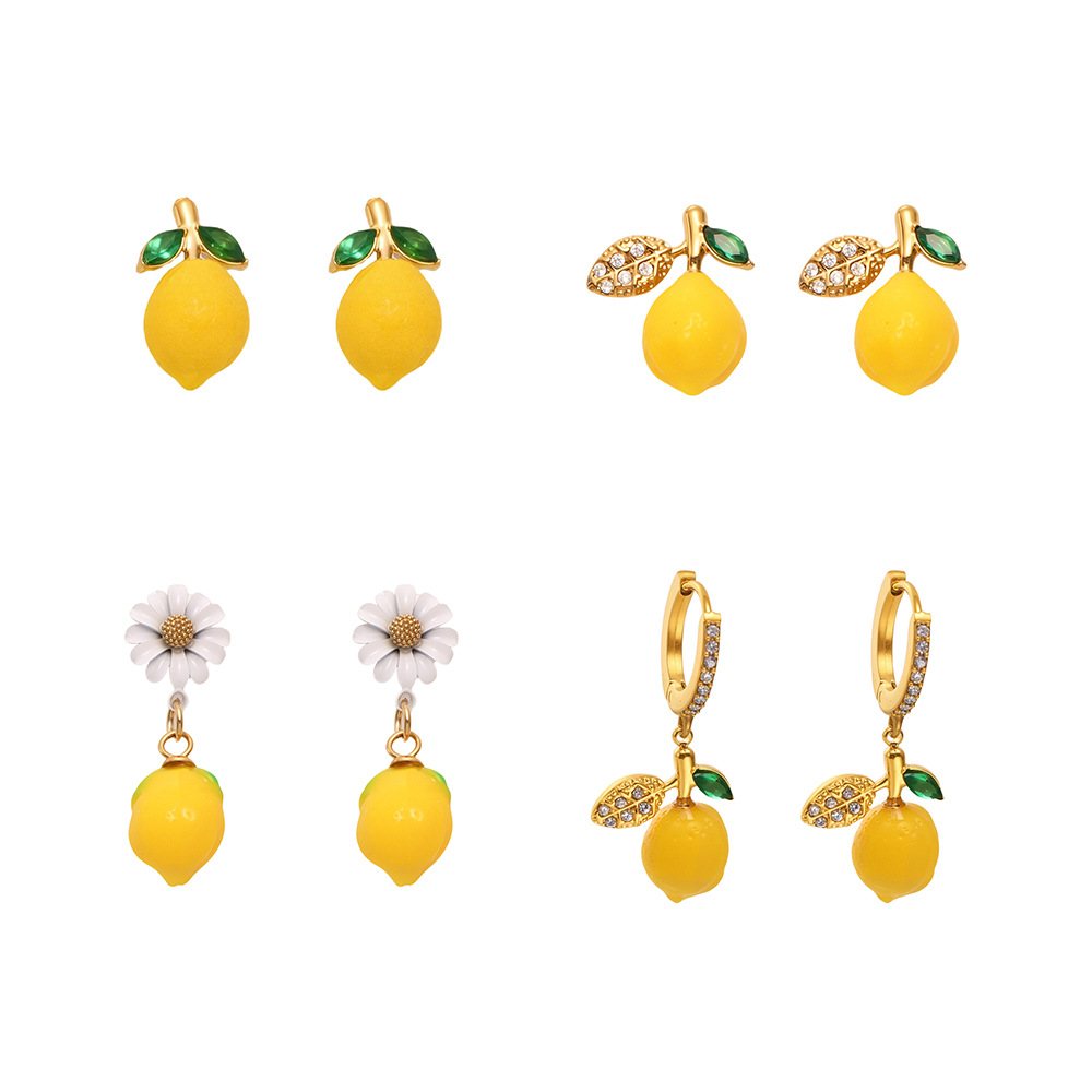 1 Pair Natural Lemon Stainless Steel Gold Color Women's Drop Earrings h5Picture9