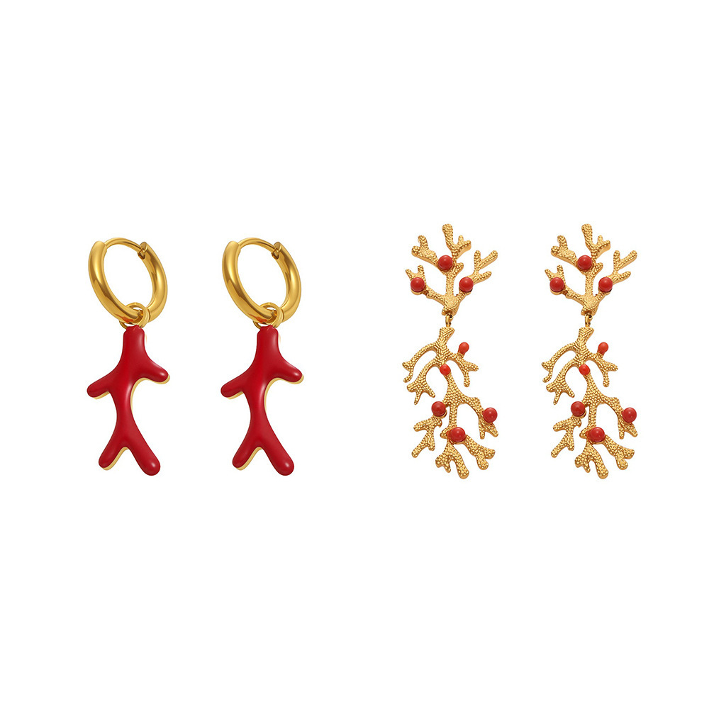 1 Pair Luxurious Series Coral Stainless Steel Gold Color Women's Drop Earrings h5Picture8