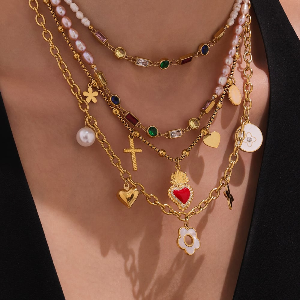 1 pieza elegante collar con colgante de perlas de circonita y flores de acero inoxidable para mujer Imagen3