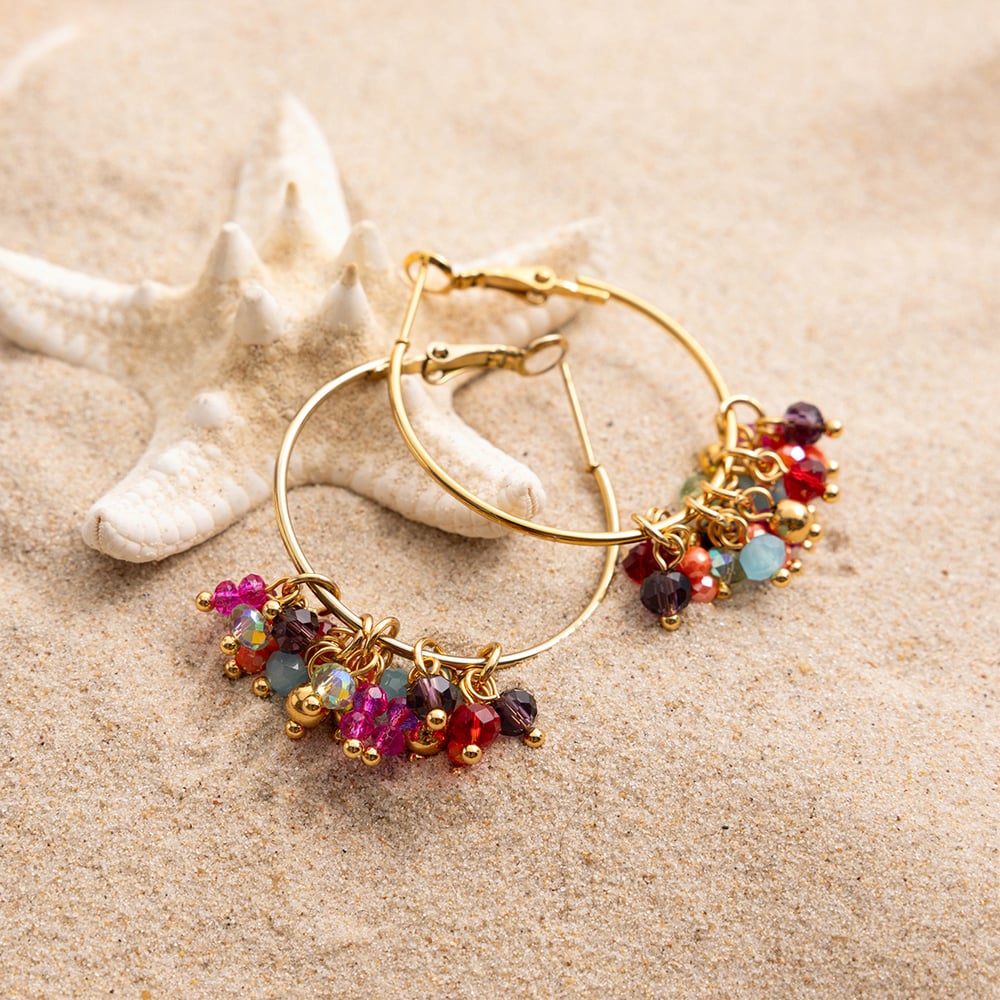 1 Pair Luxurious Series Polychrome Beads Stainless Steel Gold Color Women's Hoop Earrings h5Picture7