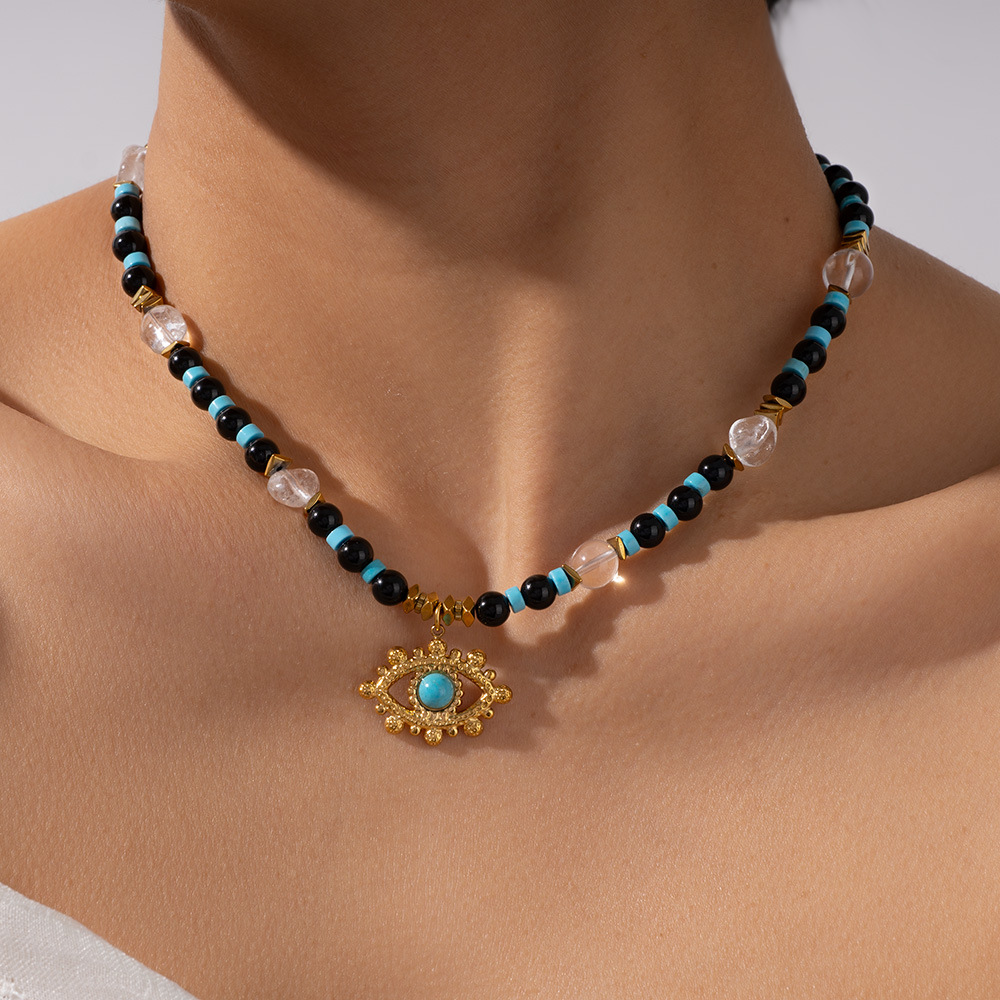 1 Piece Bohemian Devil's Eye Natural Stones Gold Color Women's Beaded Necklaces h5Picture6
