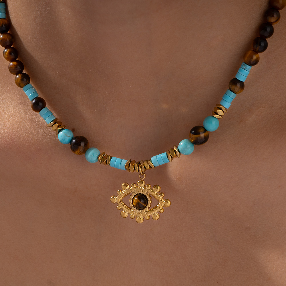 1 Piece Bohemian Devil's Eye Natural Stones Gold Color Women's Beaded Necklaces h5Picture4