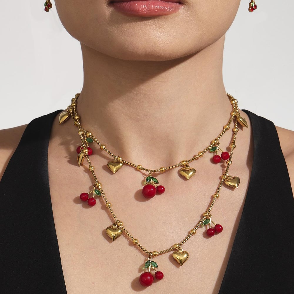 Conjunto de joyería para mujer de acero inoxidable color dorado y cereza vívida de 1 pieza h5Imagen3