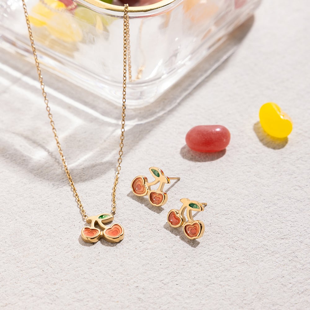 1 Piece Natural Cherry Stainless Steel Gold Color Women's Jewelry Sets h5Picture5