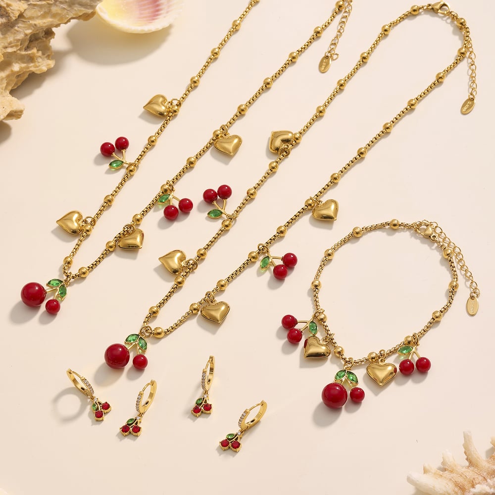 Conjunto de joyería para mujer de acero inoxidable color dorado y cereza vívida de 1 pieza h5Imagen2