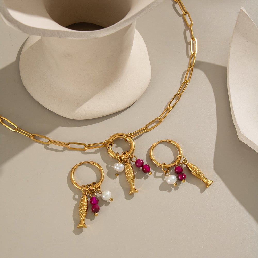 Fish Stainless Steel Gold Color Necklace Set Picture2