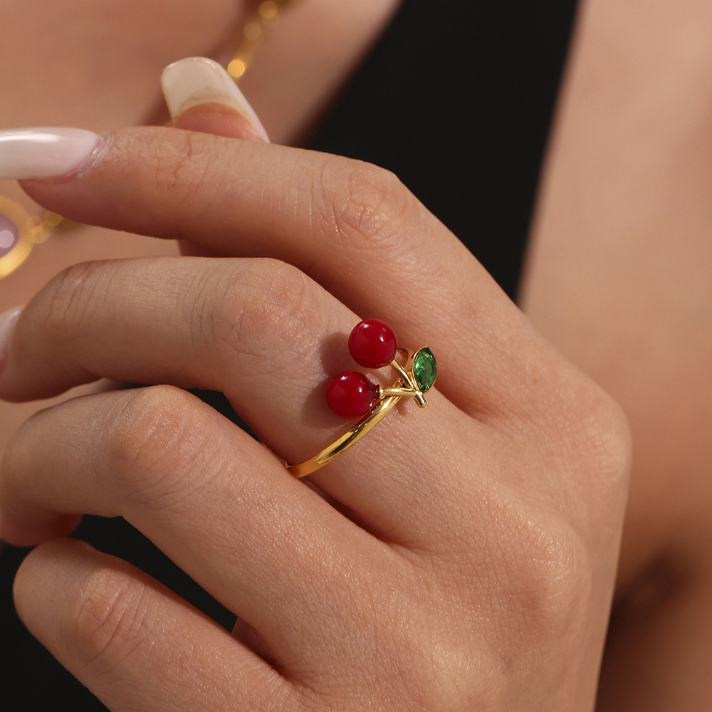 1 Piece Romantic Cherry Stainless Steel Gold Color Statement Rings h5Picture4